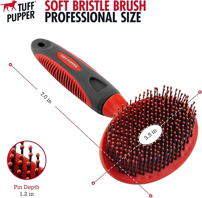 Tuff Pupper Round Bristle Soft Brush for Dogs and Cats | Gentle Grooming for Short or Long Hair | Soft Pin Tool for Sensitive Skin | Detangle & Remove Loose Fur | For Dematting & Detangling Undercoat