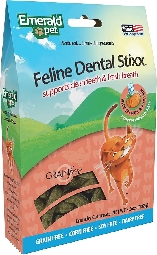Emerald Pet Feline Dental Stixx — Tasty and Crunchy Cat Dental Sticks with Pumpkin for Digestive Health — Natural Grain Free Dental Treats for Clean Cat Teeth and Fresh Breath — Salmon Stixx, 3.6 oz