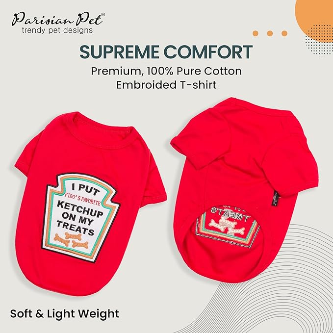Parisian Pet Dog Shirt - Embroidered “I Put Ketchup on My Treats“ - 100% Cotton and Polyester Dog Clothes - Sleeved, Lightweight Costume for Dogs - Red Dog Shirts for Large Dogs - Pet Costumes 2XL