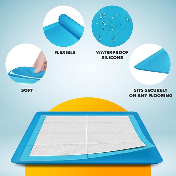 TidyFriend Dog Pee Pad Holder Tray Fits for 24” x 24” Wee Wee Pee Pads - Stable Grip, Raised Edges, Quick-Wipe Silicone Surface Dog Potty Tray Holder for Indoor Flooring Protection (Dark Blue)