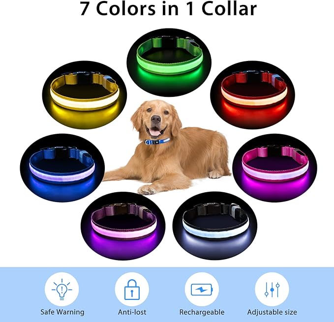 PcEoTllar Light up Dog Collar for Night Walking - LED Dog Collar Light Rechargeable Color Changing, Glow in The Dark Dog Collars Waterproof Glowing Dog Collars for Large Small Medium Dogs