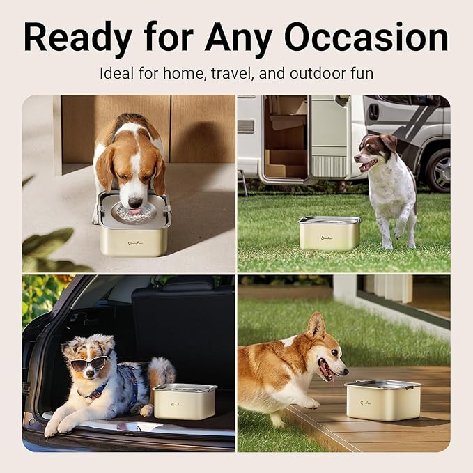 DownyPaws No Spill Water Bowl for Dogs,101oz/3L Slobber Stopper Stainless Steel, Slow Drinking Dog Water Bowl, No Mess Dog Water Dispenser Spill Proof, Dishwasher Safe, Beige