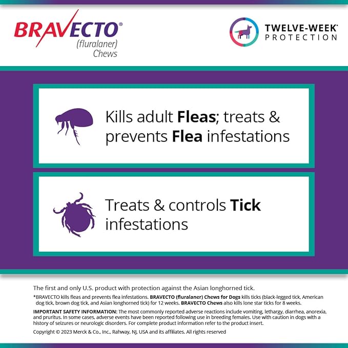 BRAVECTO Chew for Dogs, Flea & Tick, 1 Chew, 12 Week Supply, >44-88 lbs., Blue Box