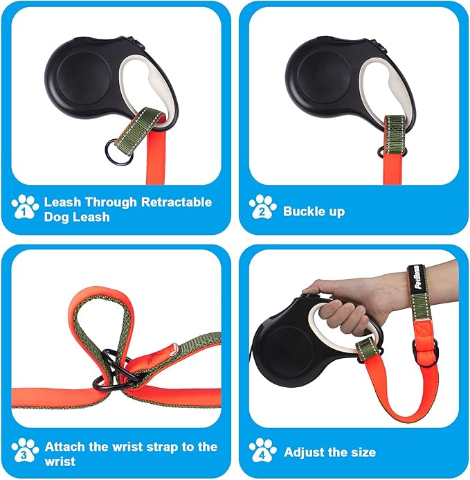 PetBonus Short Dog Leash, Safety Wrist Strap for Retractable Dog Leash, Reflective Design and Adjustable Soft Padded Handle, Extra Layer Security for Pet Stroller (Khaki Green)