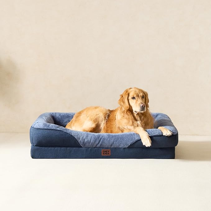EHEYCIGA Memory Foam Dog Bed for Medium Size, Orthopedic Dog Sofa with Sides and Waterproof Liner, Washable Bolster Pet Couch with Removable Cover, 35x22x6.5 Inch, Navy