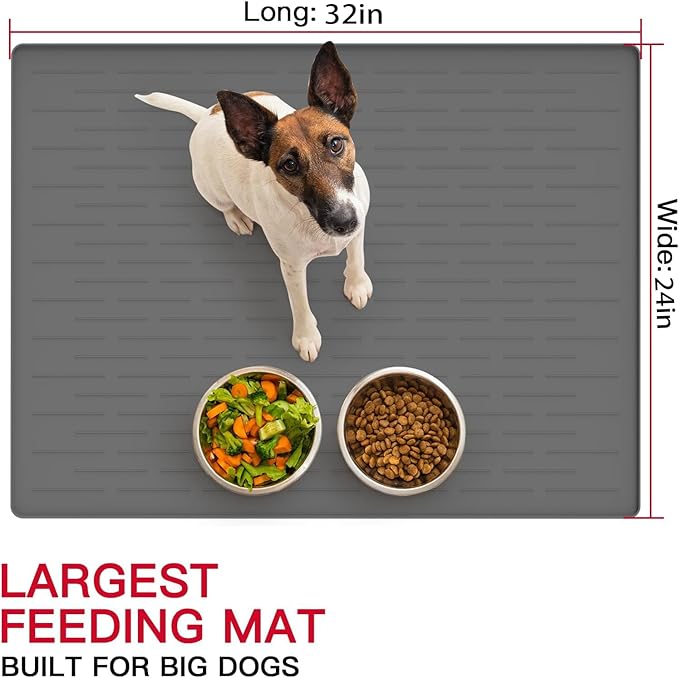32" x 24" Large Pet Food Mat, Silicone Dog Mats for Food and Water, Nonslip Pet Feeding Mats for Floors,Dog Cat Bowl Mat with Raised Edges, Dark Green