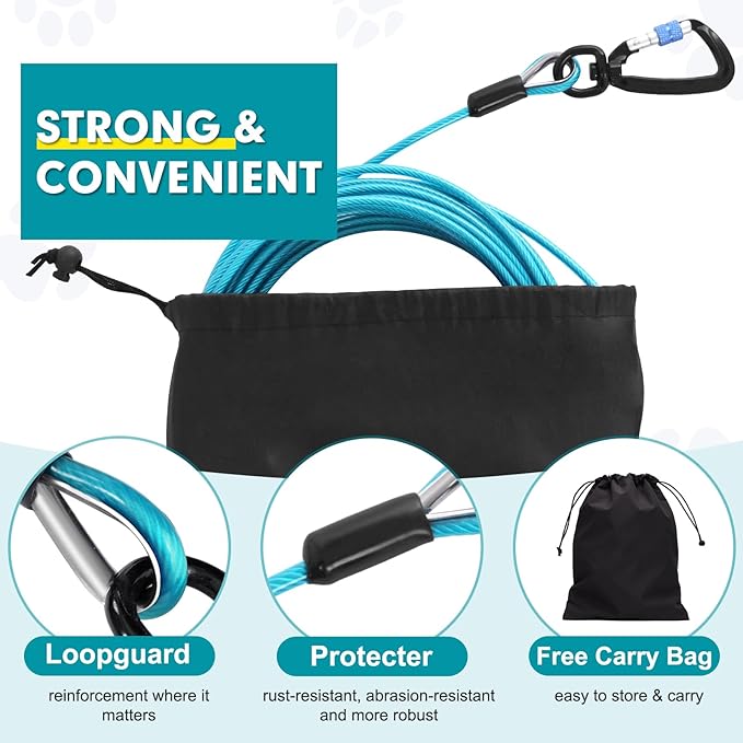 Snagle Paw Dog Leads for Yard 50FT-1000LBS Break Strength,Heavy Duty Tie Out Cable for Dogs with Swivel Lockable Hook & Spring,Chew Proof Dog Chain for Outside,Dog Run Cable for Medium Large Dogs