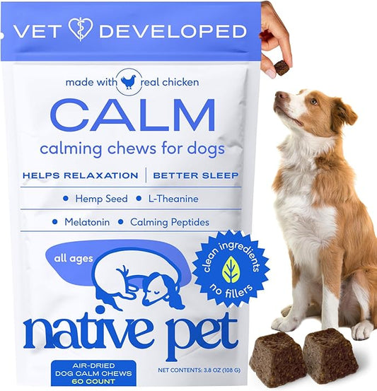 Native Pet Calming Chews for Dogs - Melatonin for Dogs Anxiety Relief - Grain Free All Natural Hemp Calming Treats & L-Theanine Helps Manage Stress & Separation Anxiety - Puppy Sleep Aid - 60 Chews