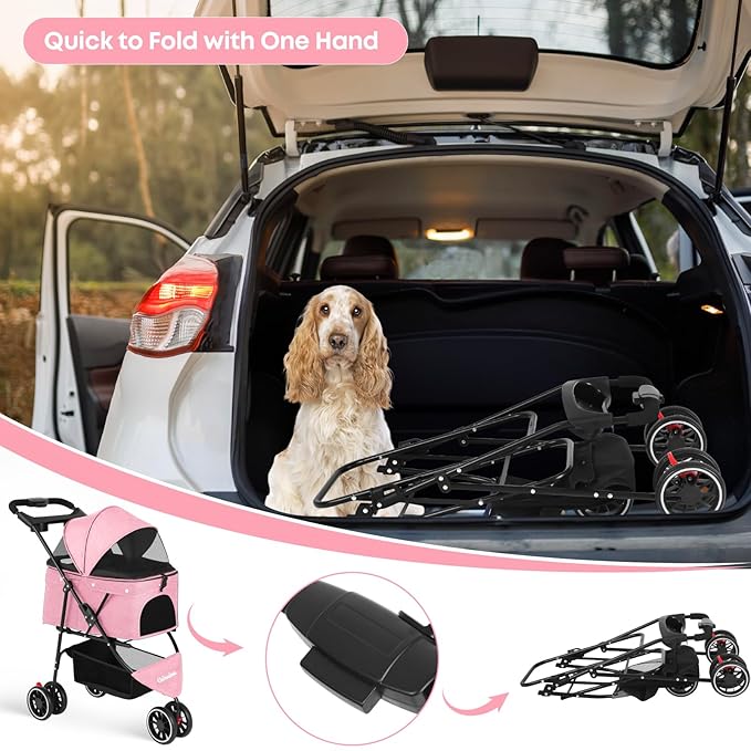Pet Stroller,Dog Stroller for Small Medium Dogs Cats,3 Wheels,Foldable,with Breathable Mesh Canopy,Cup Holders,Easy Assembly,Pink