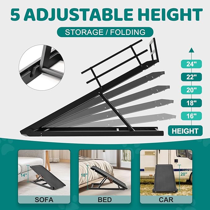 Dog Ramp for Bed, Adjustable Pet Ramps for Dog to Get on Bed, Non-Slip Rubber Surface - Folding Wooden Dog Ramp for Small/Large/Old Dogs, Adjustable up to 23.5 inch High Beds, Safety Railings