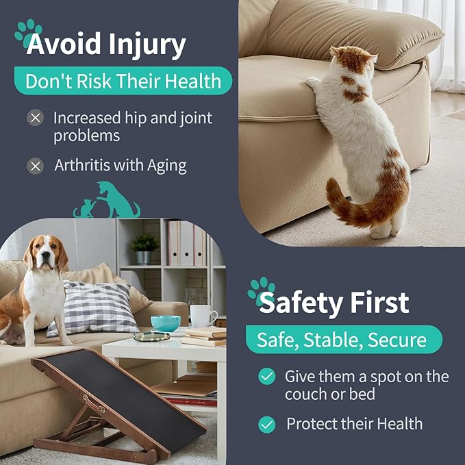 Dog Ramp, Adjustable Height Wooden Folding Pet Ramp for Bed, Couch,SUV-High Traction, Portable Paw Ramps for Small & Large Old Dogs & Cats - Furniture Quality