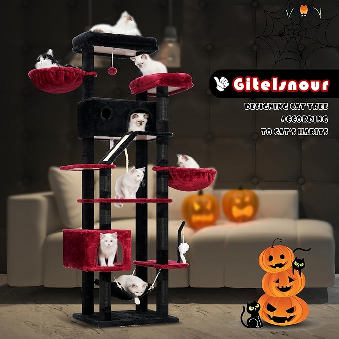 Gothic Cat Tree for Large Cats, 78.7"(200cm) Tall Cat Tower for Indoor Cats Multiple Cats with Large Top Perch, Cat Condo, Cat Hammcok, Cat Scratching Post, Black and Red GCT031BR