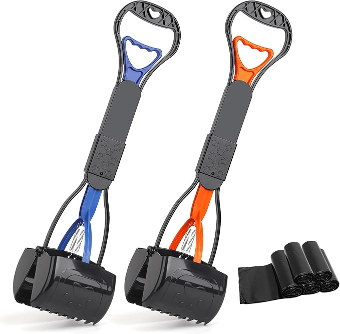 PPOGOO Non-Breakable 2PCS Pooper Scoopers for Large Medium Small Dogs with 24.3inch Long Handle High Strength Material Durable Spring, Easy Grass and Gravel Pick Up Blue and Orange