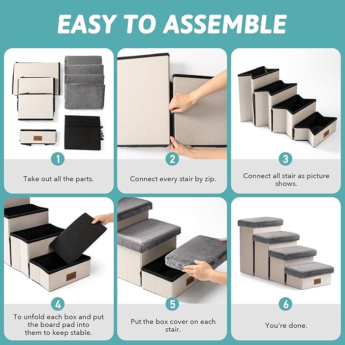 Dog Stair for Small Dogs with Storage, Foldable Pet Step with Soft Cover, Older Cat Ramp for Chair Couch Sofa, Lightweight, Durable, Comfort, 24.8x13x13.6 inch, 3 Tiers, Grey