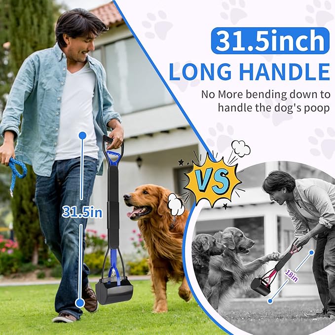 UPSKY 32'' Pooper Scooper for Large Small Dogs, Long Handle Dog Poop Scooper with Waste Bags, Portable Dog Poop Pick Up Tool, Folding Poop Scoop for Yard, Grass, Dirt, Gravel Blue