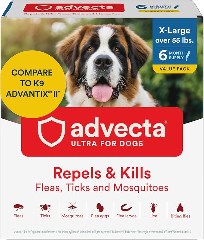 Ultra Flea and Tick Prevention for Dogs - Dog and Puppy Treatment and Control - Mosquito Repellent - XL, Fast Acting Waterproof Topical Drops, 6 Month Supply