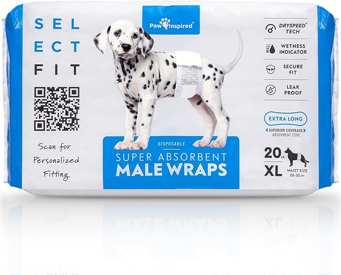 Paw Inspired Select Fit Male Dog Diapers, Disposable Male Wraps with Wetness Indicator| Belly Bands for Small, Medium, Large Dogs (X-Large, 20 Count)