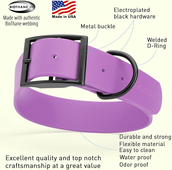 Dogline Biothane Waterproof Dog Collar Strong Coated Nylon Webbing with Black Hardware Odor- Proof for Easy Care Easy to Clean High Performance Fits Small Medium or Large Dogs, Amethyst Purple