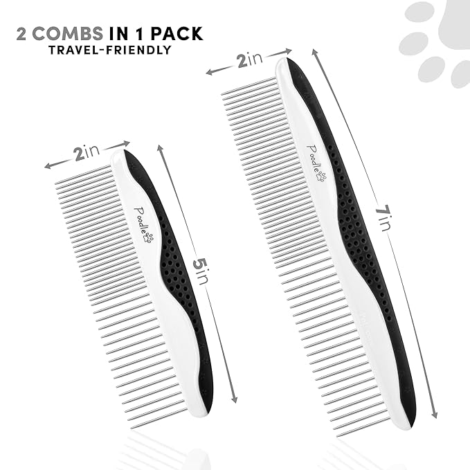 Poodle Pet Dog Combs for Grooming | 2 Pack | Stainless Steel Teeth Easily Remove Dirt | Proper Care Prevents Knots and Mats for Long and Short Haired Pets | Anti-Slip Comfort Grip Handle (Blue)
