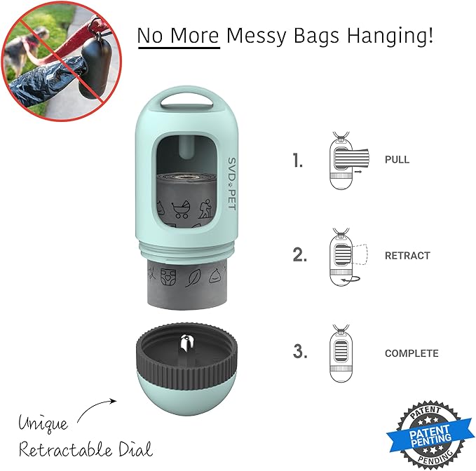 SVD.PET Dog Poop Bag Dispenser, Retractable Waste Bag Fits Any Dog Leash, Leak-proof Waste Bags, Poop Bag Holder, Doggy Walking Accessory (Misty Jade)
