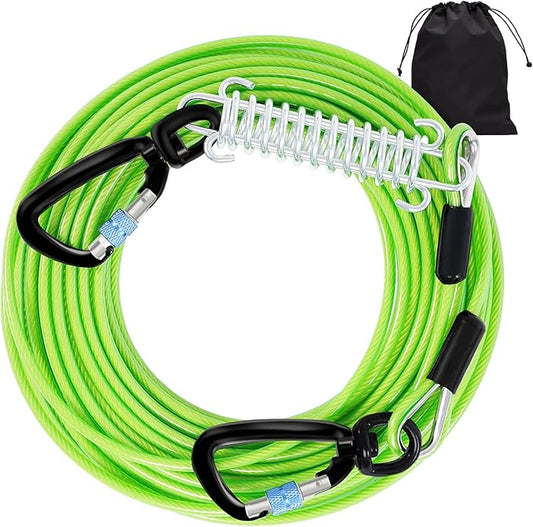 Snagle Paw Dog Tie Out Cable 15FT,Heavy Duty Dog Leads for Yard with Shock Absorbing Spring & Swivel Hook,Leash Cable for Outdoor Camping,Dog Line for Small Large Dogs,withstand 1000LBS Break Strength