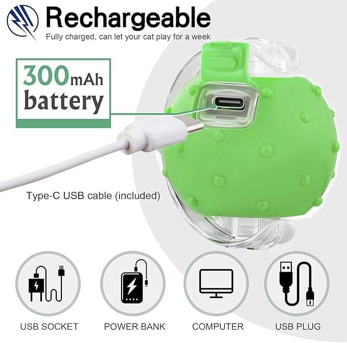 Interactive Cat Toys Ball for Indoor Cats, Automatic Agile Rolling Cat Ball with Elastic Mesh Tail, Bird Chirping & Motion Activated, 2 Tail Accessories, Kitten Toy for Bored (Green)