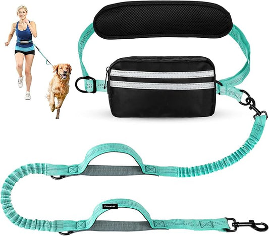 Hands Free Dog Leash, Retractable Bungee with Double Padded Handles, Waist Leash for Dog Walking, Heavy Duty Dog Leash for Medium & Large Dog, Dog Walking Accessories, Green