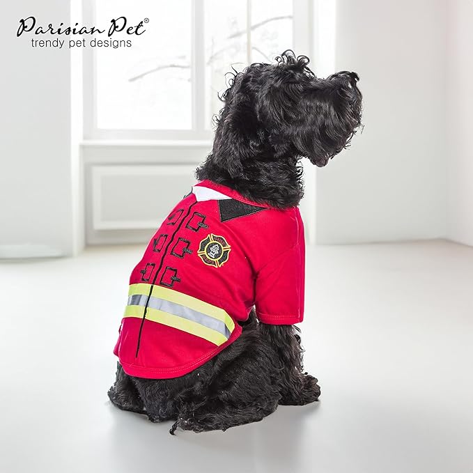 Parisian Pet Embroidered Firefighter Costume - 100% Cotton & Polyester Dog Clothes - Sleeved Red Dog Costume - 3XL