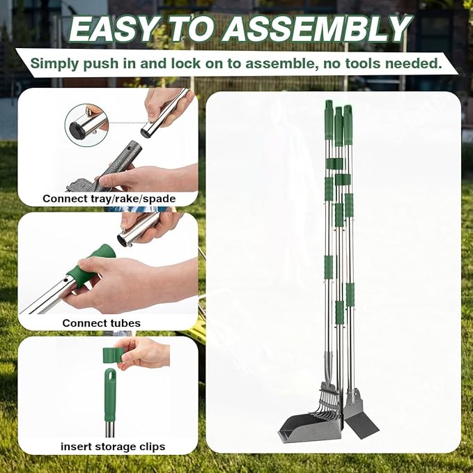 Pooper Scooper, Long Handle Dog Pooper Scooper, Heavy Duty Stainless Steel Rake with Tray & Spade Set for Pet Waste Removal, for Grass, Dirt or Gravel - Green