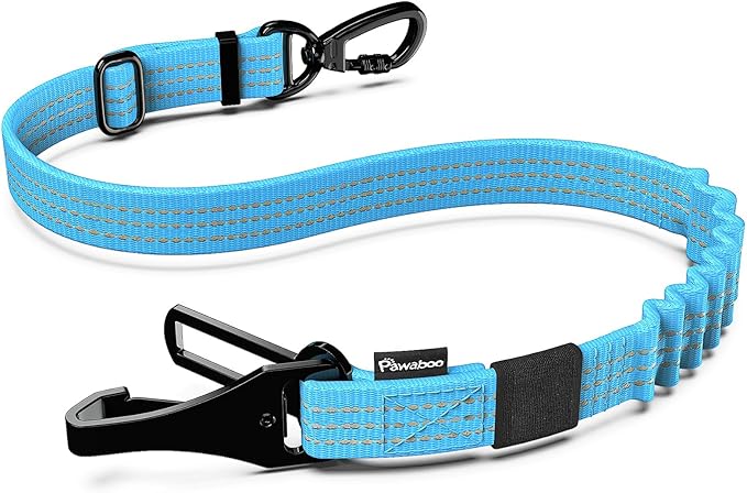 Pawaboo Dog Seatbelt for Car, 3-in-1 Dog Seat Belt Bungee, Shockproof Dogs Tether for Car with Buckle & Hook Latch, Adjustable Reflective Dogs Cars Harness Leash with 360° Lockable Buckle, Blue