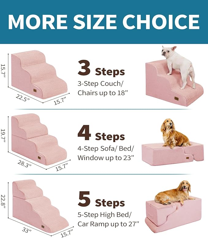 Dog Step for Bed, Dog Stair 5-Step 35D Pet Stair 22.8" H for High Bed or Sofa Non-Slip Balanced Pet Step Indoor, Pink