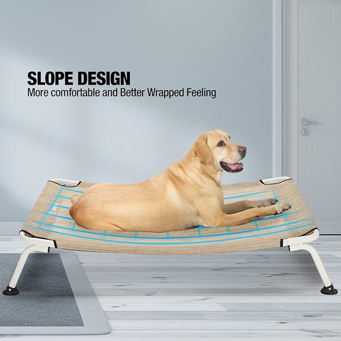 Veehoo Elevated Dog Bed for Outdoor, Cooling Waterproof Raised Dog Cots Beds for Large Dogs, Curved Off Ground Pet Hammock Cot Lifted for Outside, up to 85lbs, White Legs, Beige 42"