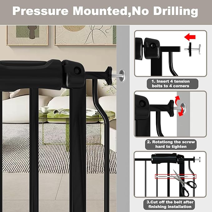 Fairy Baby Extra Wide Baby Gate 71.6-76.3 Inch Wide, Walk Through Pressure Mounted No Drill, Long and Large Tension Gate for Pet and Kids, Black