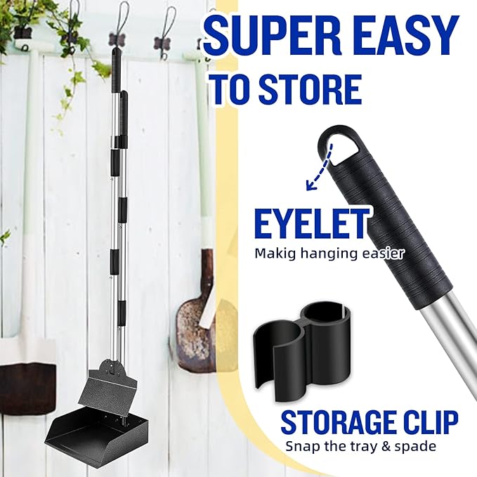 Pooper Scooper for Large Dogs, Adjustable Long Handle Metal Tray and Spade Poop Scooper for Dogs with Bin for Pet Waste Removal, No Bending Clean Up Pooper Scooper for Medium and Large Dogs