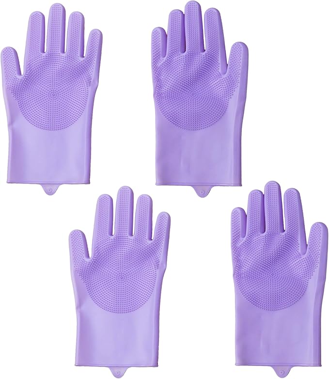 Pet Grooming Gloves，Heat-Resistant Silicone Gloves with High-Density Teeth for Enhanced Massaging and Bathing of Dogs and Cats (Purple, 2 Pair)