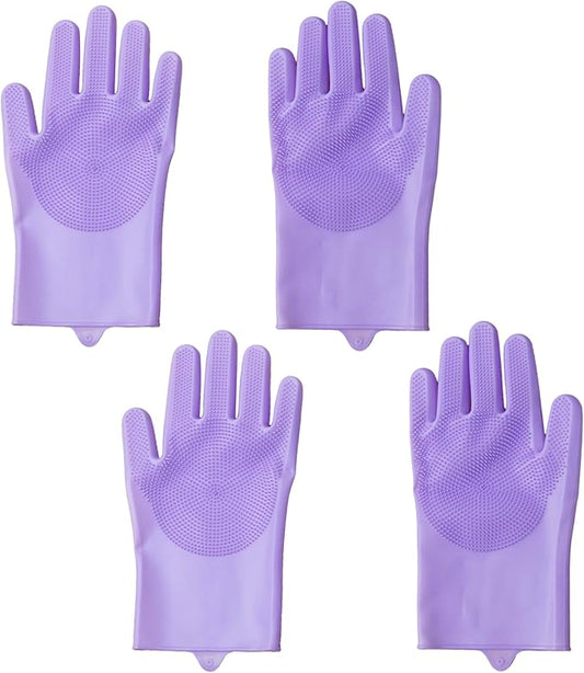 Pet Grooming Gloves，Heat-Resistant Silicone Gloves with High-Density Teeth for Enhanced Massaging and Bathing of Dogs and Cats (Purple, 2 Pair)