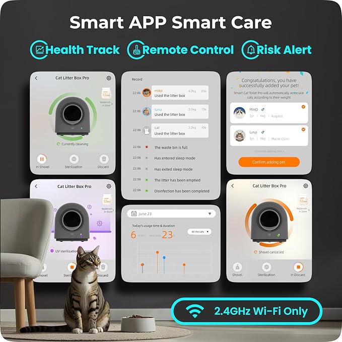 TYPro Self Cleaning Cat Litter Box Automatic Hands-Free Smart Robot self Cleaning Cat Litter Box for Multiple Cats with APP Control Safe with Litter Mat Waste Bags and Deodorizer Dark Grey