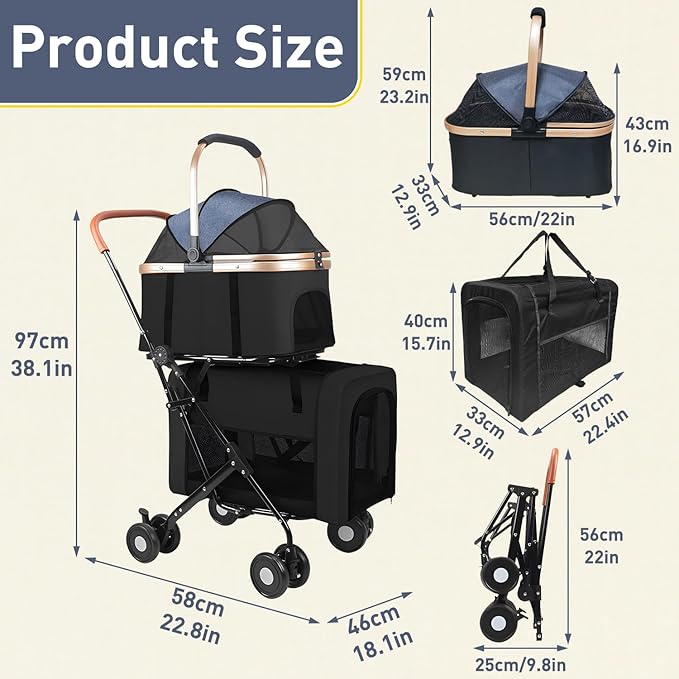 Double Pet Stroller for 2 Dogs or Cats, Folding Dog Stroller with 2 Detachable Carrier Bags, Safety Belt, 4 Lockable Wheels, Separate Compartments, for Multi-Pet Homes (Black)