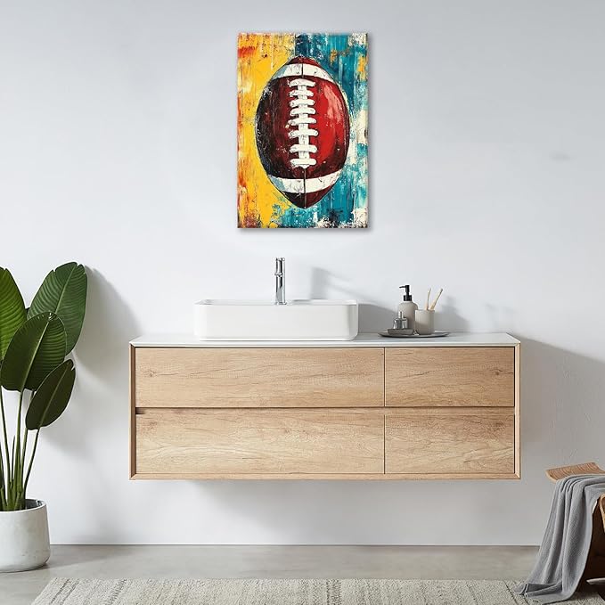 Graffiti Football Bathroom Pictures Wall Art, Rugby Sport Bathroom Wall Decor, Colorful Football Framed Painting Canvas Artwork for Bedroom Living Room Decorations 24"L x 16"W