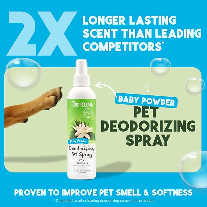 TropiClean Dog Perfume, Long Lasting Baby Powder Cologne, Deodorizing Spray for Smelly Dogs, After Bath Detangling Spray with Vitamin E, Safe for Cats, 8oz.