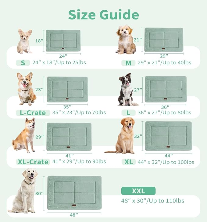 Made4Pets Dog Crate Pad Bed for Large Dogs, Washable & Reversible, Anti-Slip Kennel Mat for Cozy Sleeping, Soft Fluffy Dog Bed for Indoor & Outdoor Use, 44"x32", Green