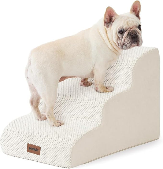 Dog Stairs for Small Dogs - Pet Stairs for Couch and Bed, 35D Foam Dog Steps Ramp with Non-Slip Bottom Beige, 3 Steps