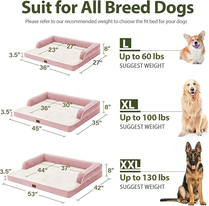 Orthopedic Dog Beds for Large Dogs, Waterproof Dog Beds, Memory Foam Dogs Couch Beds, Comfy Bolster Pet Beds with Removable Washable Cover, Nonskid Bottom (Large,Pink)