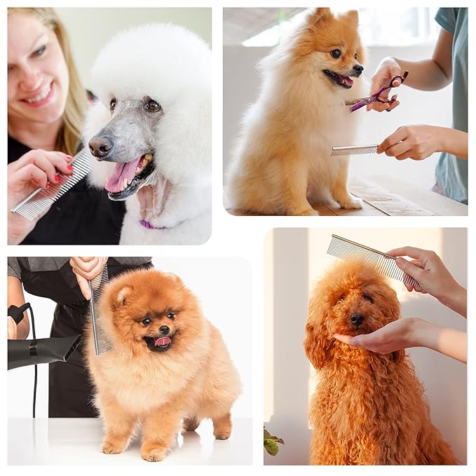 PETTOM Pet Steel Grooming Tool Poodle Finishing Butter Comb 7 1/2-inch L Silver Dog Combs with Rounded Ends Stainless Steel Teeth, Cat Comb for Removing Tangles and Knots