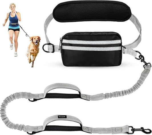 Hands Free Dog Leash, Adjustable Waist Belt with Double Padded Handles, Retractable Bungee for Medium & Large Dogs, Waist Leash for Dog Walking, Running, No Pull, Grey
