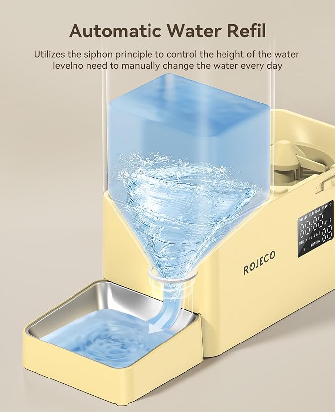 Rojeco 36Cups/8.5L Pet Automatic Cat Feeder and Gravity Water Dispenser,Stainless Steel Bowls 2-in-1 Set Large Capacity 5L Food Feeder and 3.5L Water Fountain for Cats,Pets,Small Dogs,Yellow