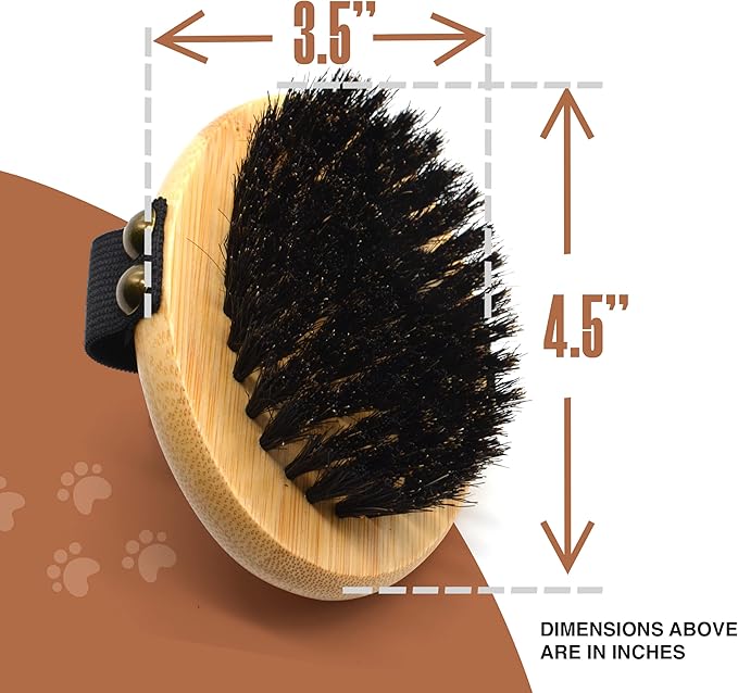 The Buddy System Pet Close Brush, Soft Touch Oval Palm Brush - Bamboo Massage Handheld with Soft Boar Bristles and Elastic Band for Dogs and Cats