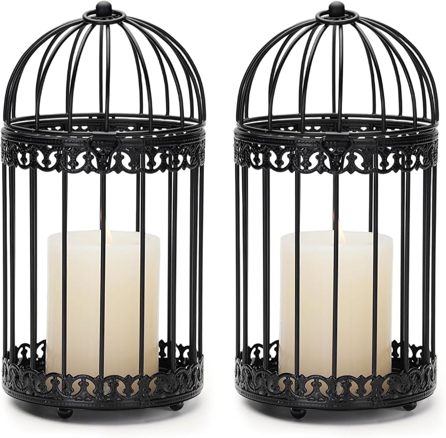 NUPTIO Vintage Bird Cage Lantern: Black Hanging Bird Cage Decor Candle Lanterns for Centerpiece - Large Birdcage Pillar Candles Holder for Halloween Christmas Bridal Shower 10 Inch H
