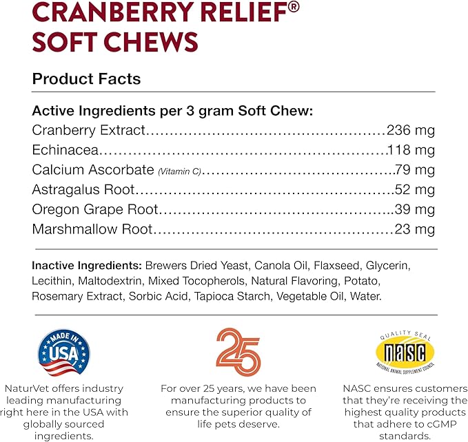 NaturVet – Cranberry Relief Plus Echinacea – Helps Support a Healthy Urinary Tract & Immune System – 60 Soft Chews