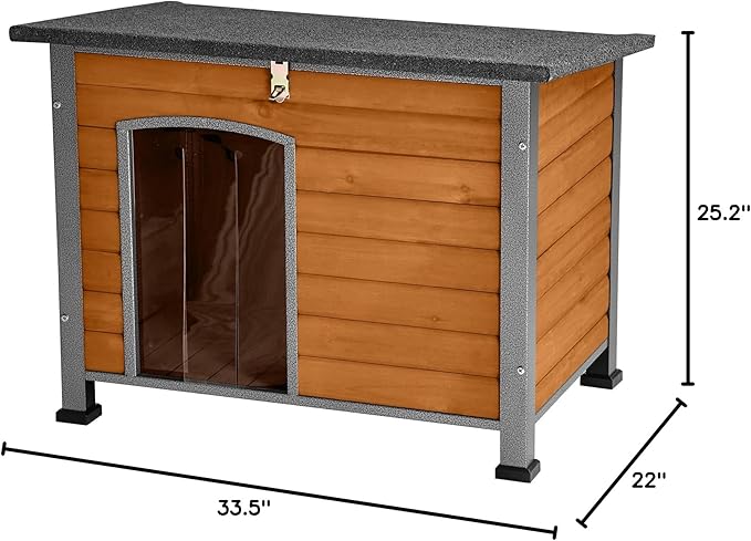Indoor Outdoor Dog House,Anti-Chewing Iron Frame Dog Kennel,Wood Warm Pets Home,Weatherproof Outside Shelter for Feral Animal 33.5" (L) X 22" (W) X 25.2" (H) Brown